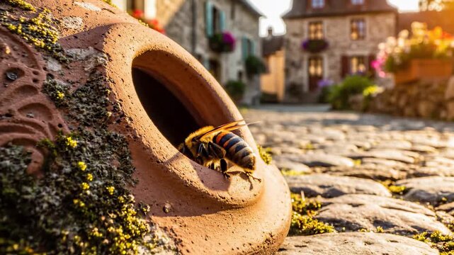 Bee Enters Clay Pot in Picturesque Village Setting.