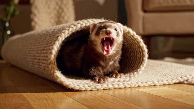 Ferret in a Cozy Tunnel - Playful Pet in a Knitted Hideaway.