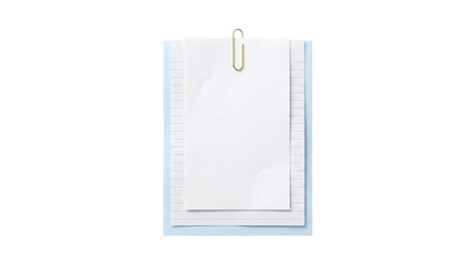 Light blue card base with lined notebook sheet and blank white paper held by a gold paperclip on a transparent background