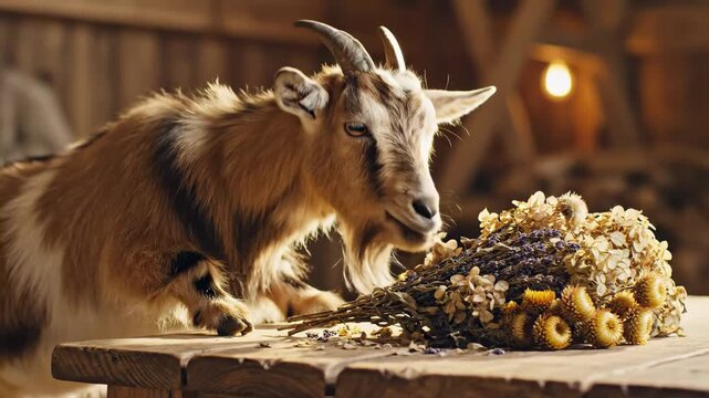 Goat Enjoying a Feast of Dried Flowers on a Wooden Table.