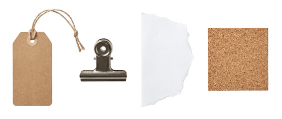 Brown kraft tag silver bulldog clip torn paper and cork board square on a transparent background