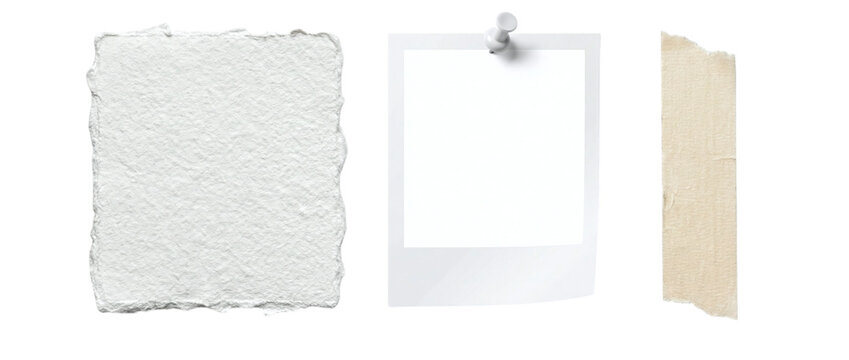 Deckled edge watercolor paper blank polaroid frame with push pin and masking tape on a transparent background