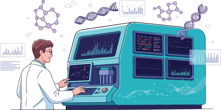 Scientist operates large genetic sequencing machine in laboratory setting with various screens