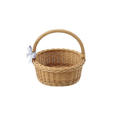 Obraz premium Woven wicker basket with handle and decorative blue flower, empty and isolated on transparent background