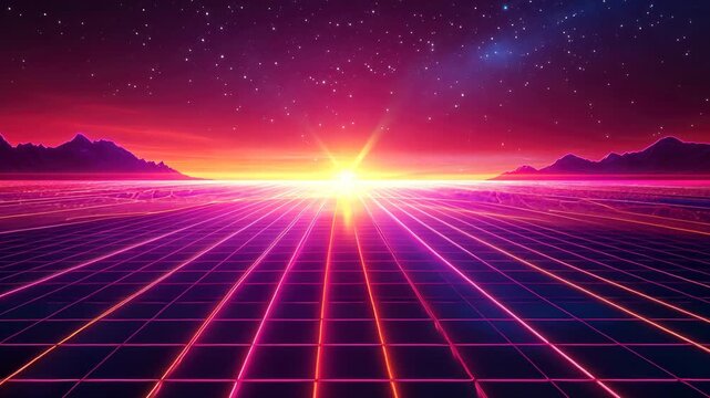 Vibrant Synthwave Horizon with Neon Grid and Distant Mountains