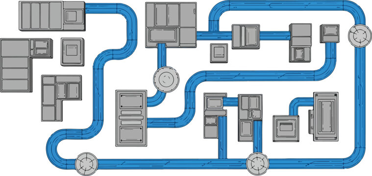 A complex system of blue lines and gray boxes is illustrated in a technical diagram.