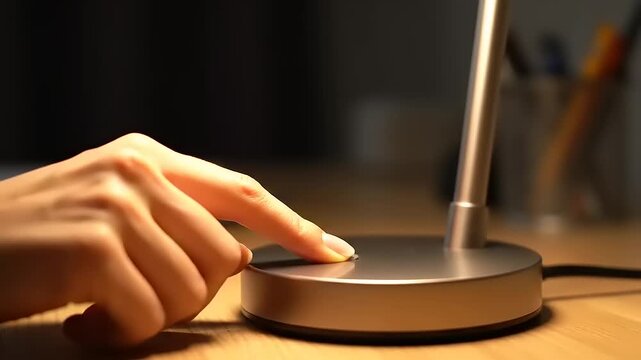 Person pressing button on modern desk lamp to turn on light.