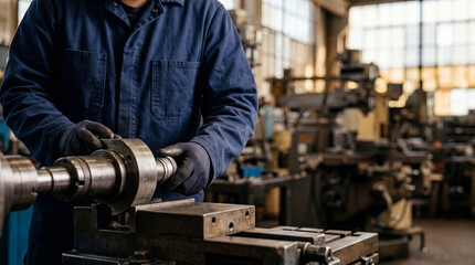 Male machinist operating a metal lathe in a factory workshop.