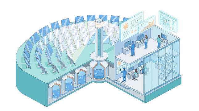 Isometric Renewable Energy Control Center with Solar Panels and Water Management System, Clean Technology Monitoring Station, Sustainable Power Plant Operations