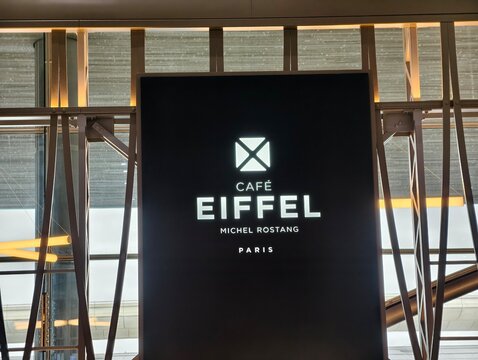 Paris,France-Oct.6th 2025: CAFE EIFFEL brand logo store sign