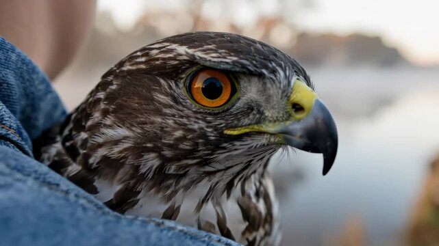 Close-up of a hawk perched on a persons shoulder, looking at the camera.