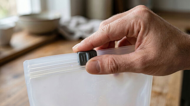 Hand sealing reusable silicone food storage bag in bright kitchen for sustainable living