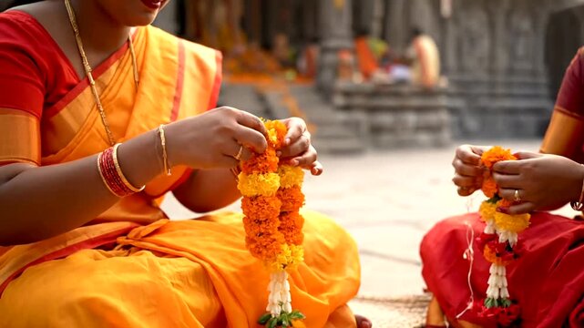 Indian women making flower garlands.