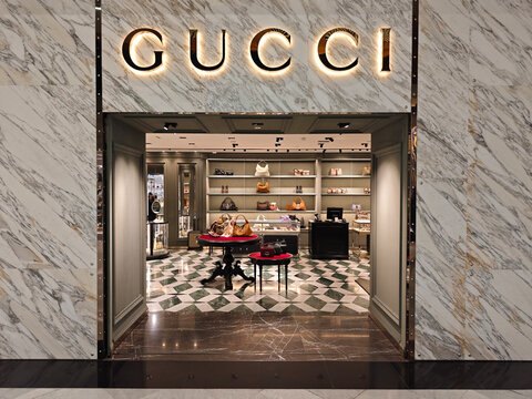 Paris,France-Oct.6th 2025: GUCCI store front at Paris Charles de Gaulle Airport.