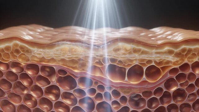 3D Cross Section of Human Skin with Light Rays Penetrating Layers