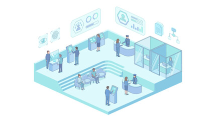 Obraz premium Isometric Smart Bank Office with Biometric Security Technology and Digital Customer Service Kiosks in Modern Blue Interior