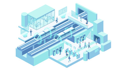 Fototapeta premium Isometric Smart Train Station with Futuristic High-Speed Rail, Digital Passengers, and Automated Transport Hub in Blue Monochrome Design