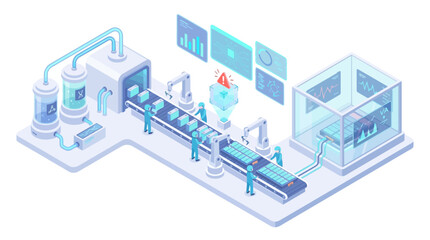 Obraz premium Isometric Smart Factory with AI Quality Control, Robotic Automation, and Digital Manufacturing Analytics Dashboard