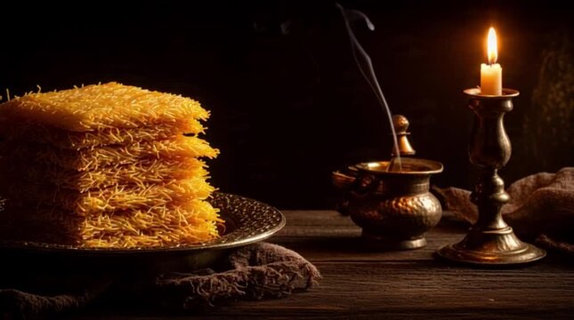 candle and slices of kunefe