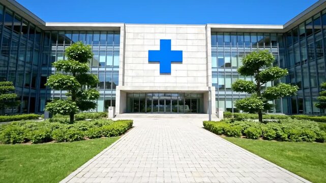 Modern hospital building exterior with large blue cross symbol