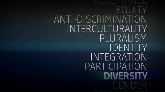 Conceptual visualization of diversity highlighted among social inclusion keywords on clean dark gradient background with glowing light streak representing equality and multicultural participation.