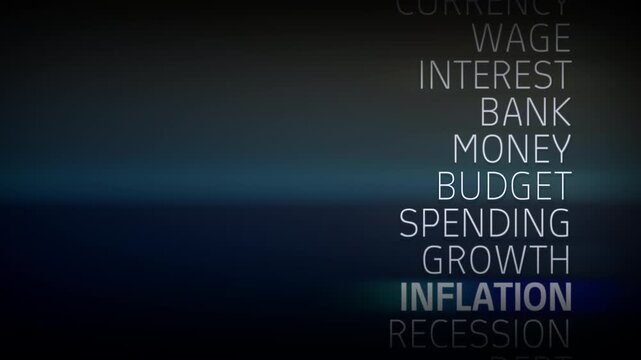 Inflation keyword illuminated within financial terminology set on smooth dark gradient background with cinematic light streak symbolizing economic pressure, prices and monetary policy.