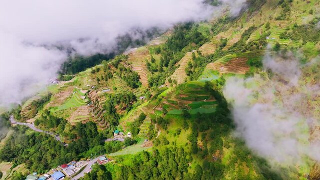 Green mountain terraces emerging through clouds, Benguet highlands, Philippines