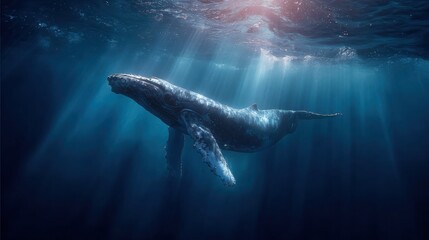 Fototapeta premium Humpback whale swims underwater sunlight shines through ocean waves