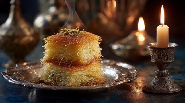 candle and slices of kunefe