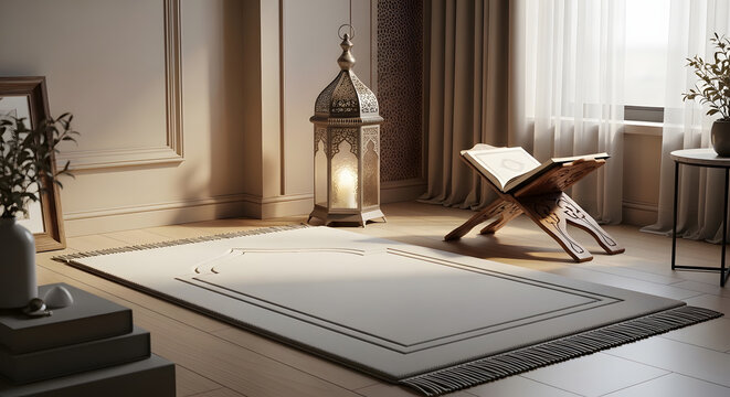 A beautifully serene Muslim prayer space featuring a clean prayer rug, an open Quran on a wooden rehal, and a decorative lantern in soft sunlight.