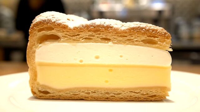 A slice of cream-filled eclair pastry.