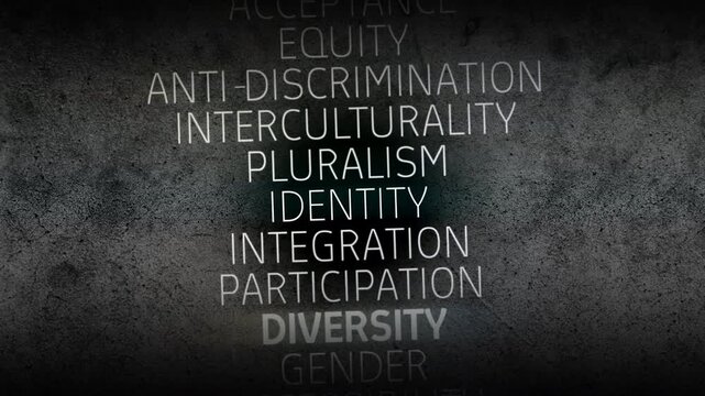 Diversity concept emphasized among inclusion and identity keywords displayed on grunge concrete texture background with luminous horizontal highlight suggesting social equality themes.