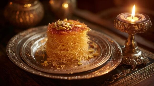 candle and slices of kunefe