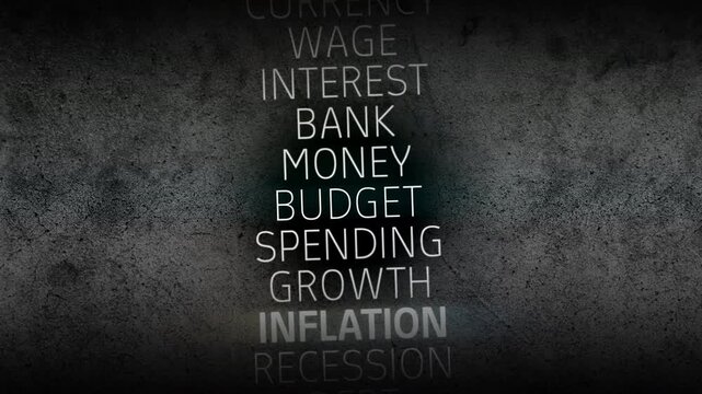 Central inflation term highlighted among finance and economy keywords on grunge textured wall with glowing horizontal light emphasizing rising prices and monetary instability themes.