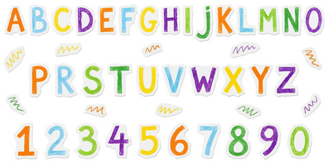 Colorful hand drawn letters A through Z and numbers 0 through 9 are displayed in rows with small colorful scribbles scattered around them alphabet education learning kindergarten