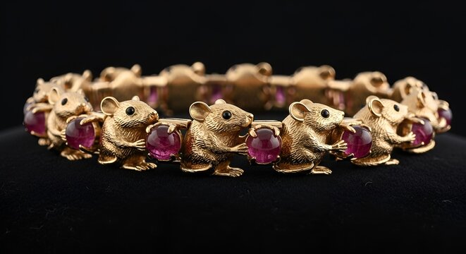 A detailed close-up captures a whimsical gold bracelet featuring numerous charming mouse charms,