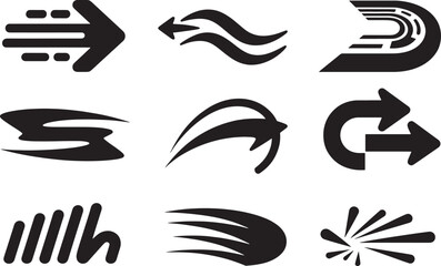 A collection of nine sleek, modern, and stylized black arrow icons representing various concepts of speed, flow, direction, and rapid movement.