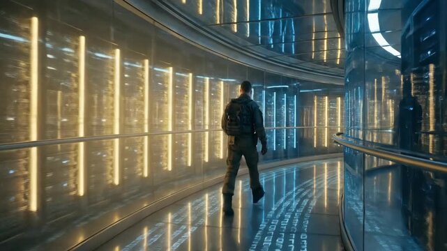 Man walking through futuristic corridor with glowing lights. High-tech hallway in sci-fi environment. Cyberpunk animation sequence showing exploration and movement in advanced architecture.