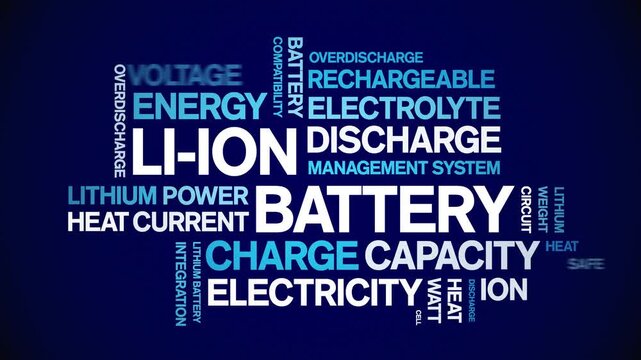 Li-ion Battery animated word cloud-text design animation tag kinetic typography seamless loop.