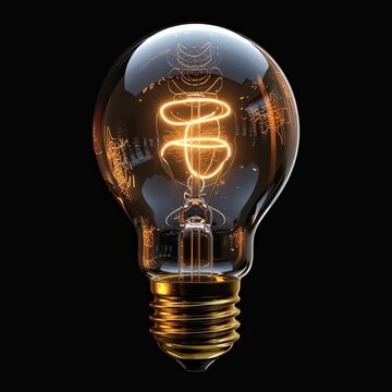 vintage edison light bulb with glowing tungsten filament, transparent glass bulb, detailed internal filament structure, warm amber glow, realistic reflections on glass, isolated object, centered compo