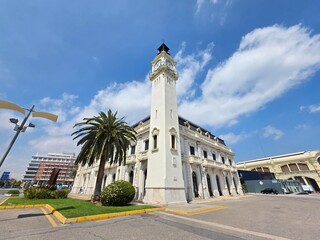 Fototapeta premium view of Edifici del Rellotge ( Clock Building) a historic landmark built in 1916, located in the port of Valencia