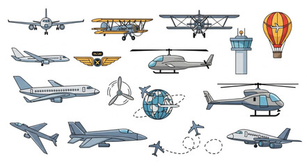 Collection of Various Aircraft and Aviation Elements in Detailed Illustrations. © Sandal
