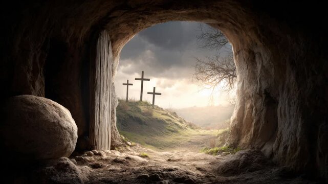 Empty tomb with three crosses on a hill with a view of sky evokes feelings of hope, renewal, and faith. ..Created with Generative AI, not depicting real subjects.