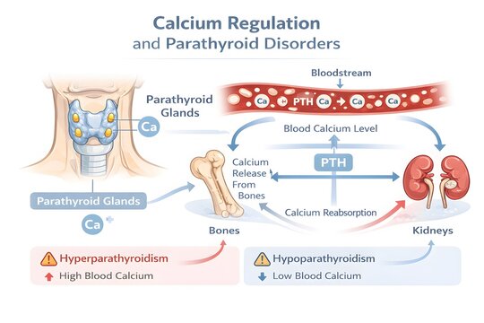 Calcium Regulation and Parathyroid Disorders  Showing Glands, Bones, Kidneys, and Bloodstream 