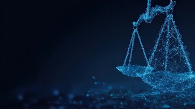 A digital representation of Justice, illustrated through points and lines, symbolizes fairness, law, and balance in a dynamic digital world. ..Created with Generative AI, not depicting real subjects.