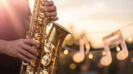 Obraz premium Musician playing golden saxophone outdoors with decorative lights and musical notes in the background.