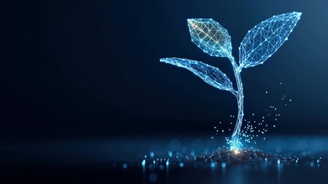 A digital sprout, radiating futuristic innovation, as a symbol of growth and technology on a dark, sleek background. ..Created with Generative AI, not depicting real subjects.