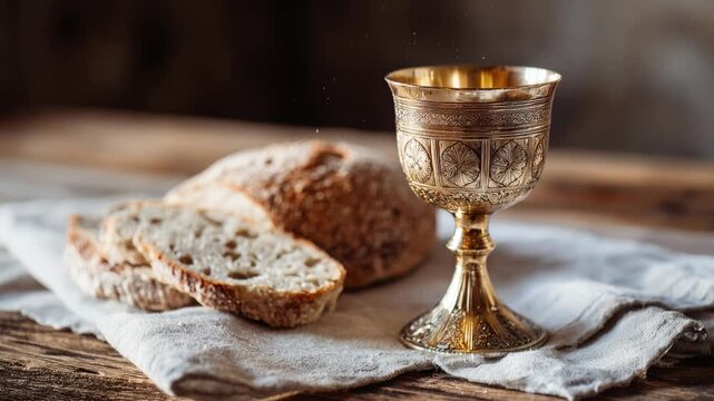 A timeless tableau of spiritual communion, featuring an ornate golden chalice and fresh bread, inviting contemplation of faith and tradition. ..Created with Generative AI, not depicting real subjects.