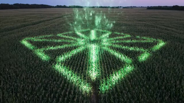 Glowing Butterfly Crop Circle Illuminates Nighttime Cornfield.