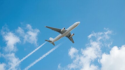 Naklejka premium Passenger airplane flying high in the blue sky with contrails and white clouds.